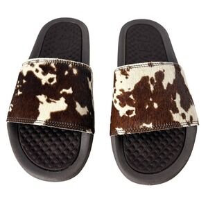 APL‎ Haircalf Cow Print Iconic Slide Sandals Brown White Womens 8 NIB